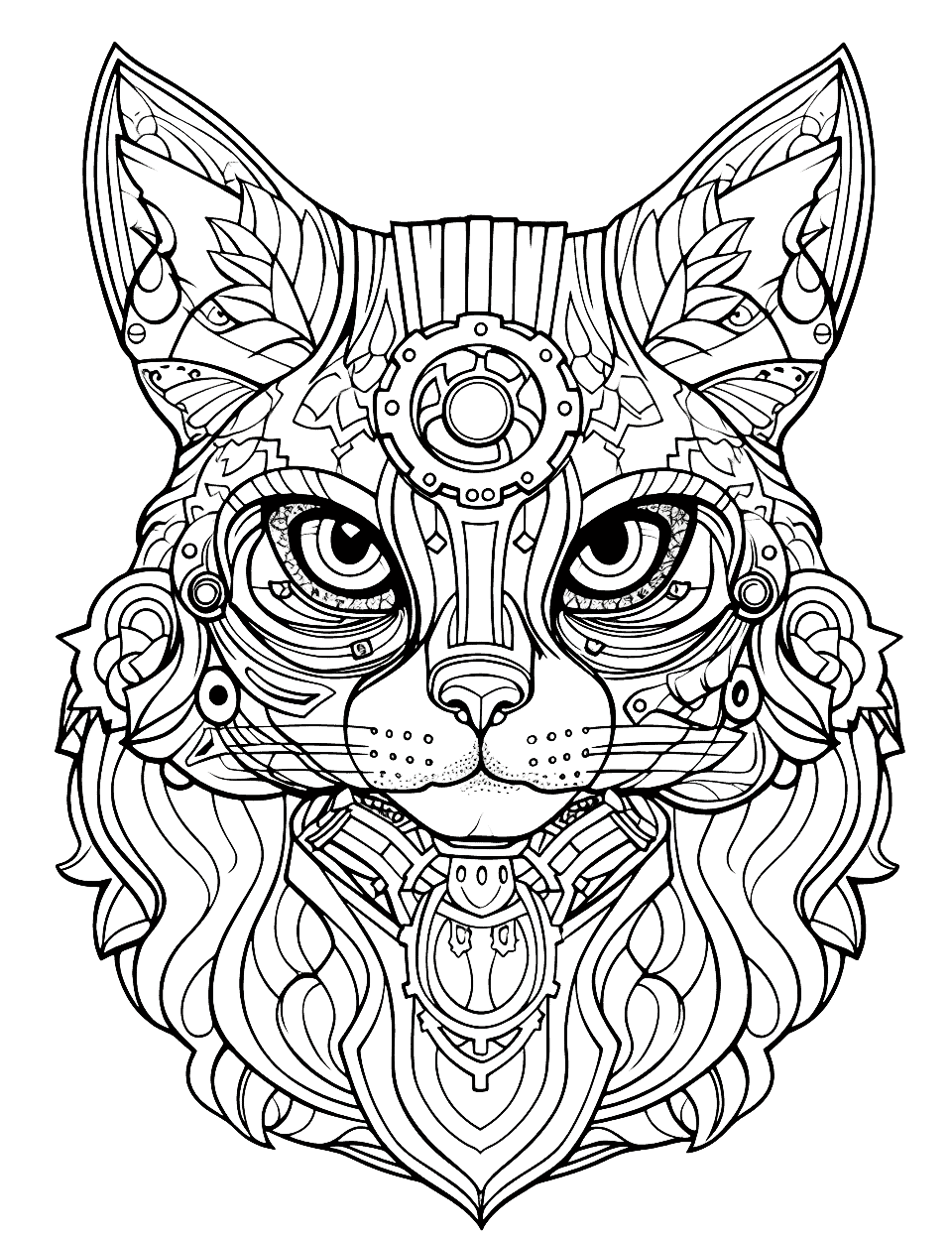 Steampunk Cat Adult Coloring Page - Detailed and intricate depictions of a cat with a steampunk twist.