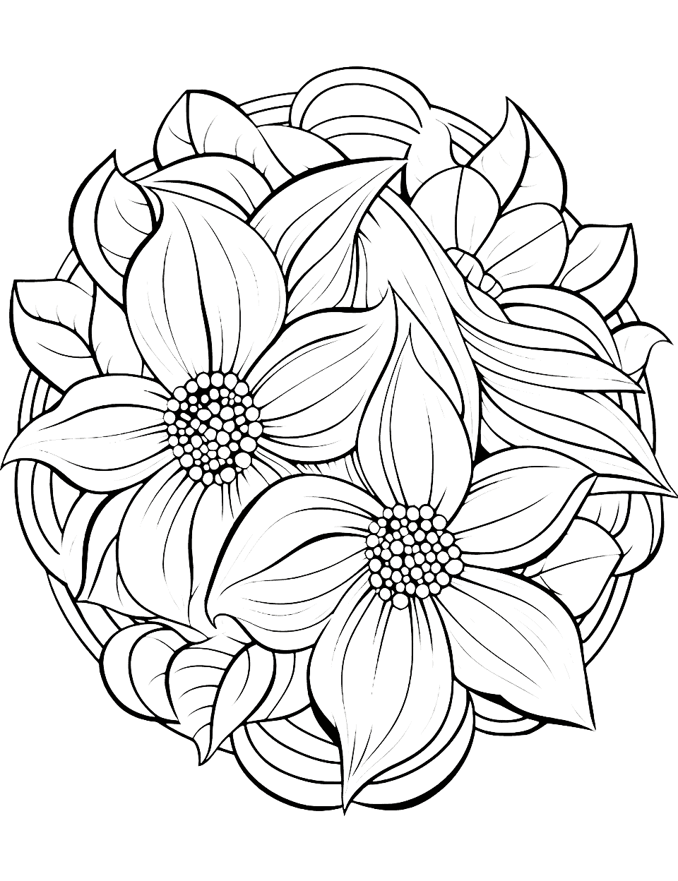 Tropical Floral Mandala Adult Coloring Page - Tropical flowers and leaves form a mandala.