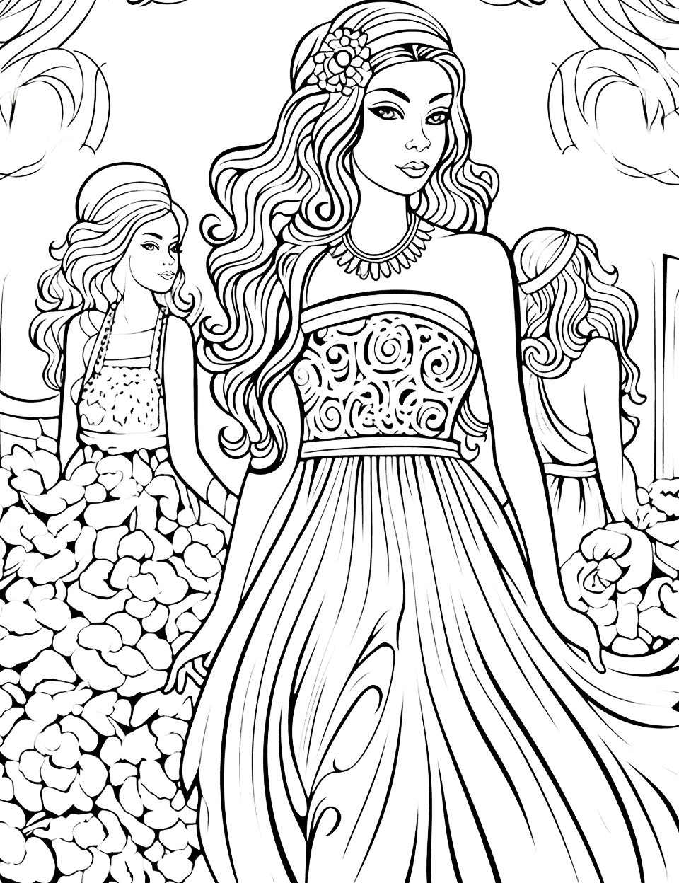 Fashion Runway Adult Coloring Page - An intricate coloring page depicting models on a fashion runway.