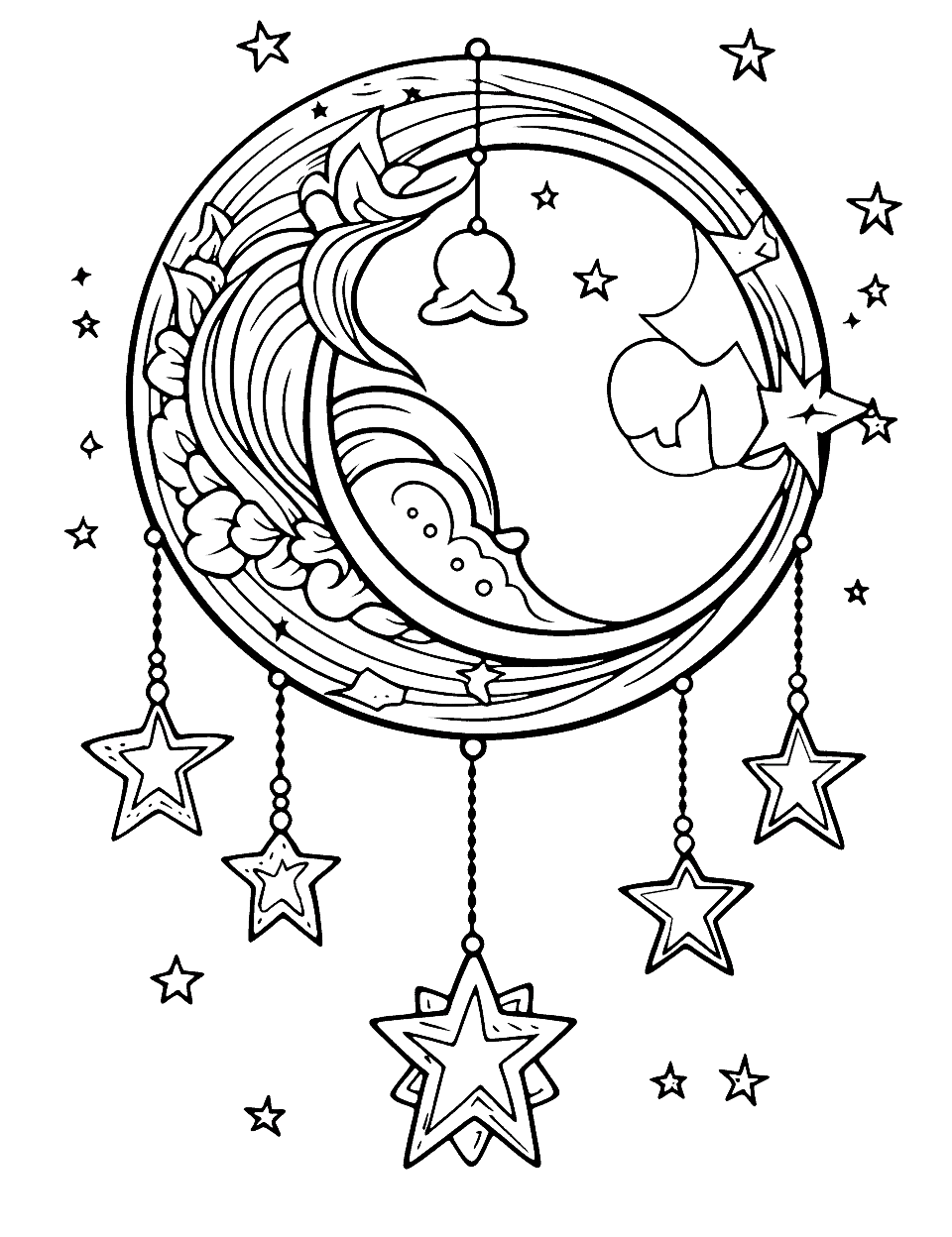 Dream Catcher in the Sky Adult Coloring Page - A dream catcher hangs in the night sky surrounded by stars and the moon.