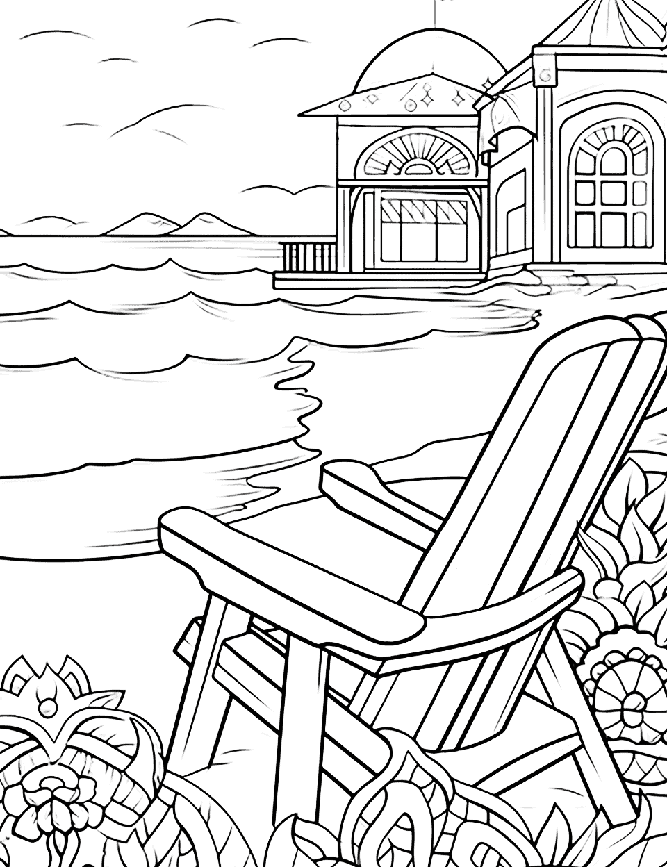 The Realistic Summer Beach Adult Coloring Page - A realistic beach scene complete with crashing waves, sand castles, and seagulls.