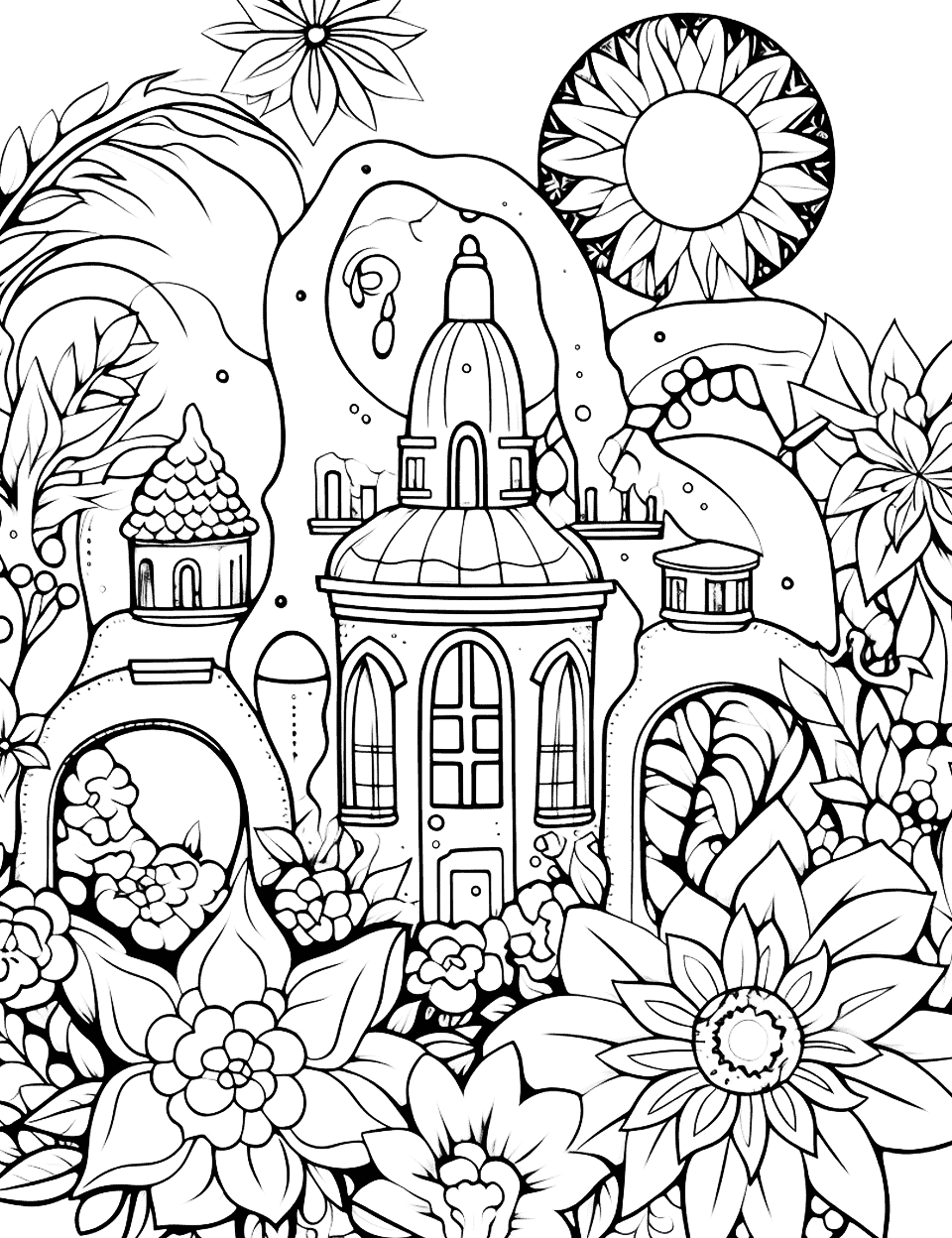 Galaxy Garden Adult Coloring Page - An imaginative garden in space with alien plants.