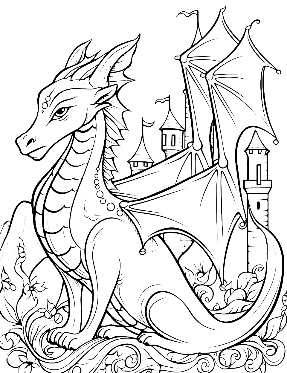Dragon & Castle Adult Coloring Page - A dragon sits in front of a castle.