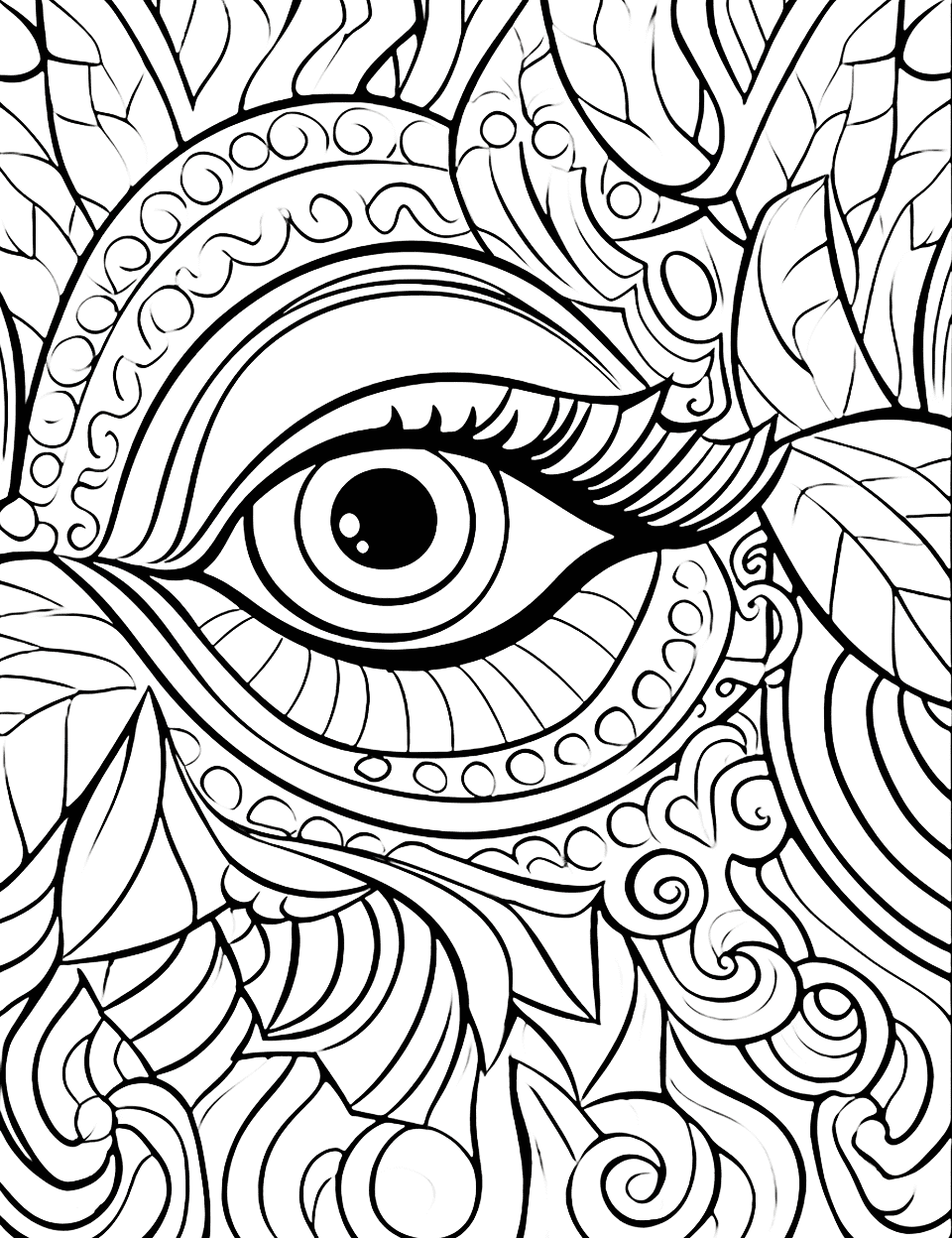 Abstract Eye Adult Coloring Page - Swirling patterns and shapes surround a realistic eye.