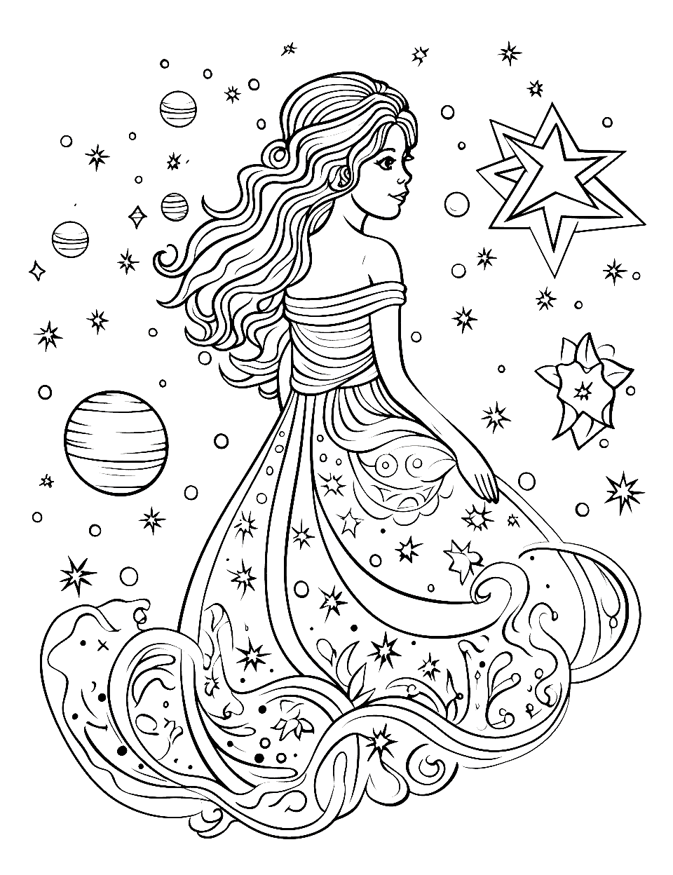 Galaxy Fairy Adult Coloring Page - A fairy flies through a star-filled galaxy surrounded by planets.