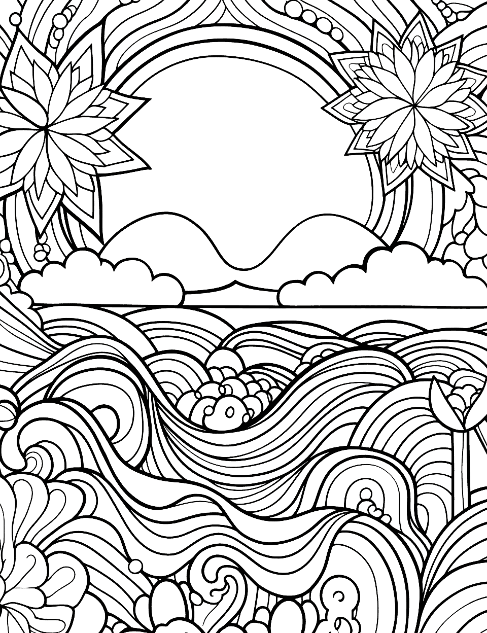 Trippy Summer Scene Adult Coloring Page - Swirling colors and abstract shapes transform a beach scene into a visual extravaganza.