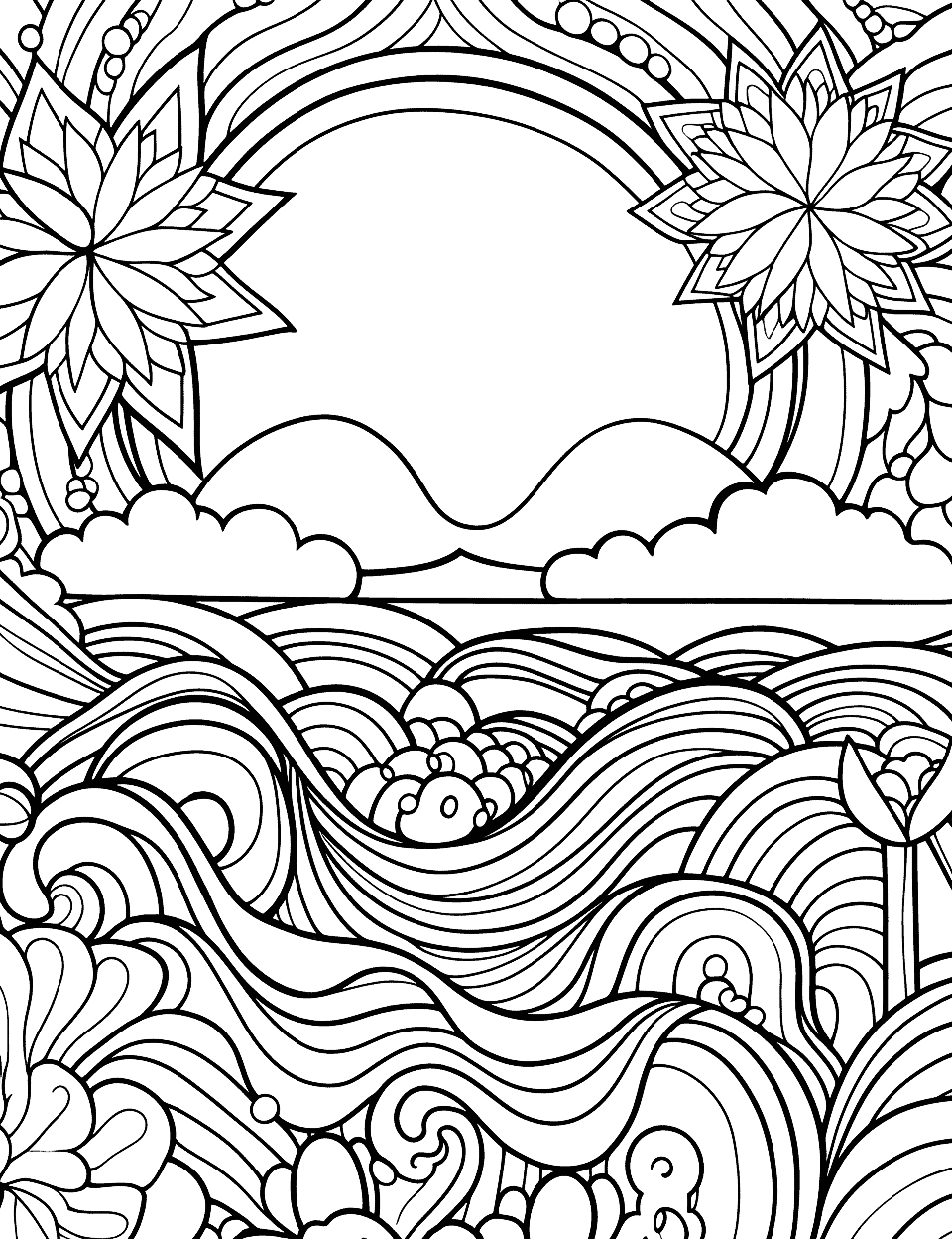 Trippy Summer Scene Adult Coloring Page - A summer beach scene transformed into a psychedelic visual extravaganza with swirling colors and abstract shapes.