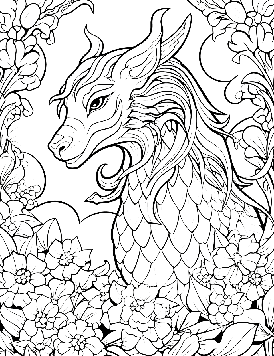 Dragon's Garden Adult Coloring Page - A dragon tending to a magical garden filled with exotic plants.