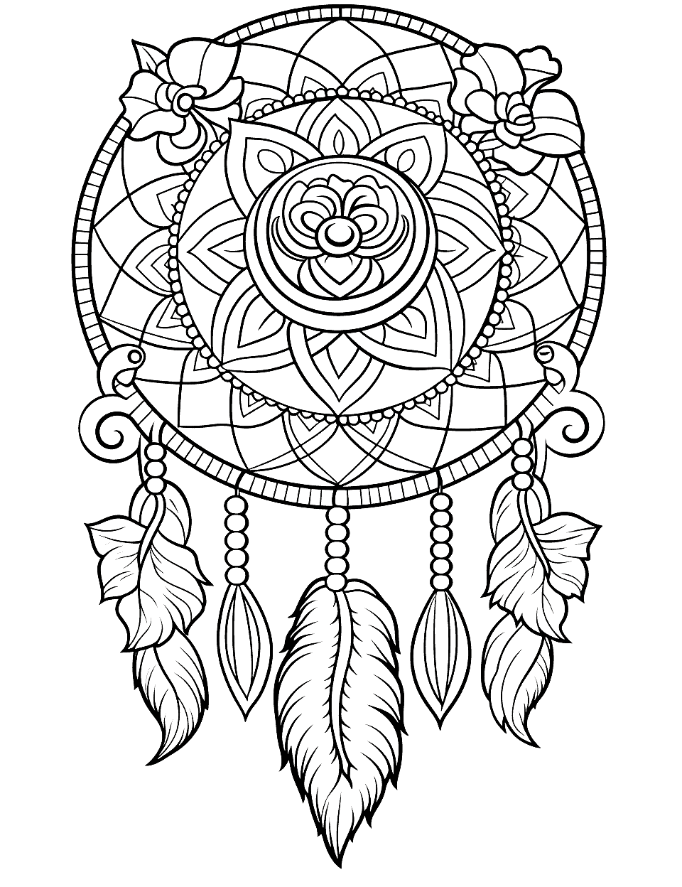 Dream Catcher Adult Coloring Page - This dream catcher design includes intricate details.