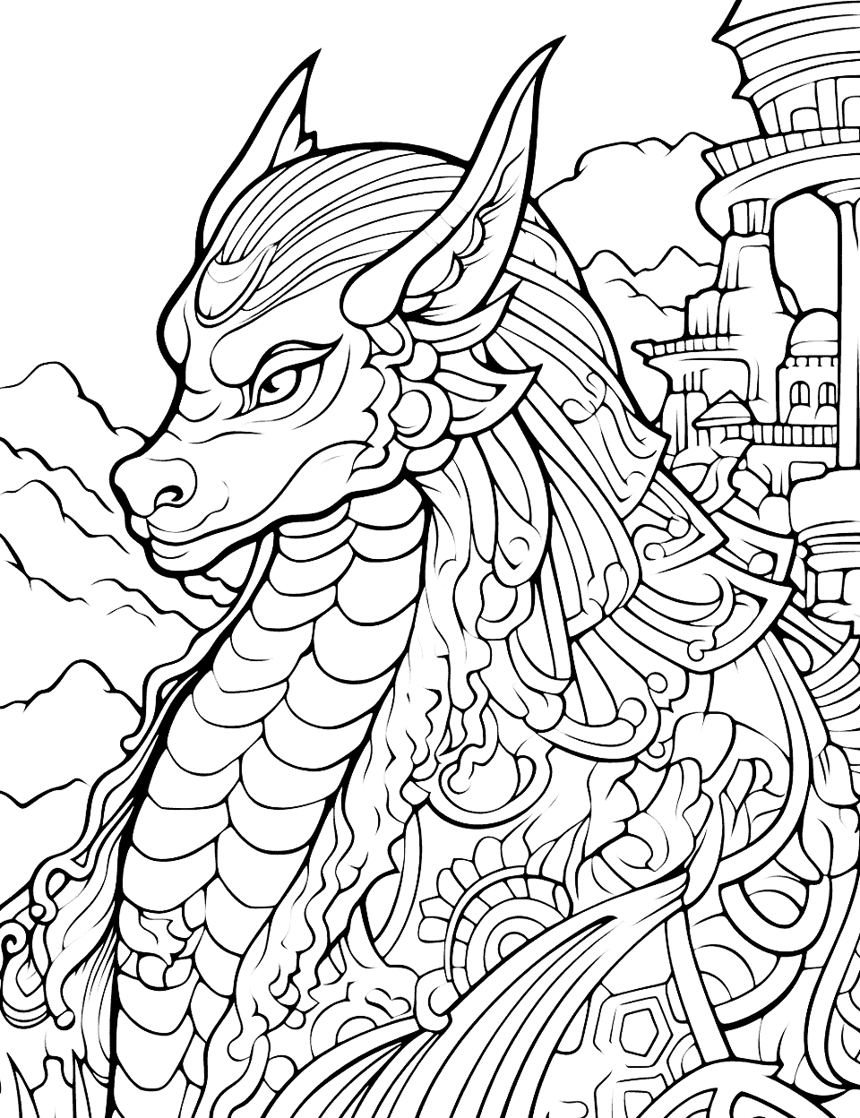 Mythical Dragons Adult Coloring Page - A challenging coloring page featuring a mythical dragon with intricate scales for a detailed coloring experience.
