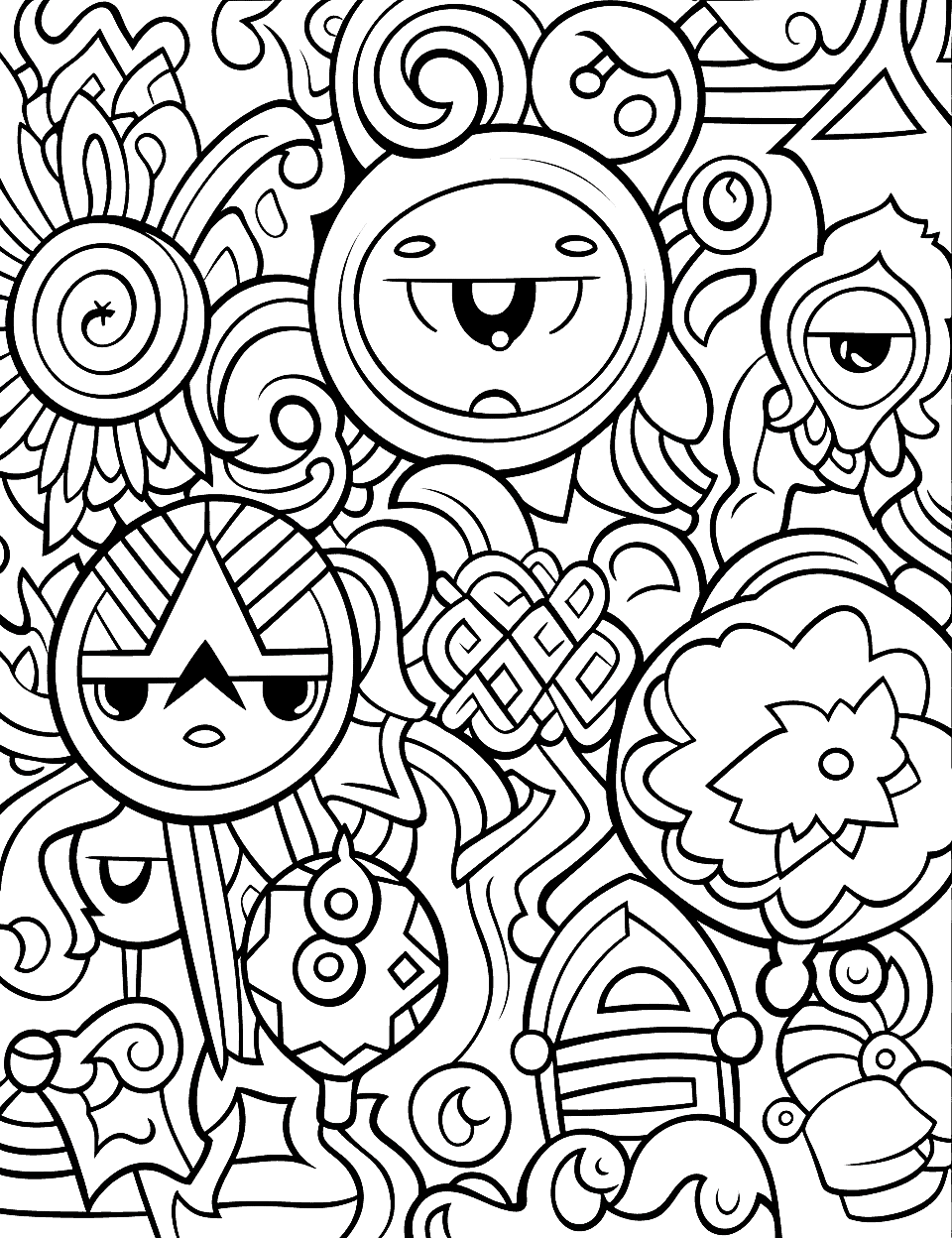 Abstract Design Adult Coloring Page - A page full of abstract patterns with inspired elements from human faces and eyes.