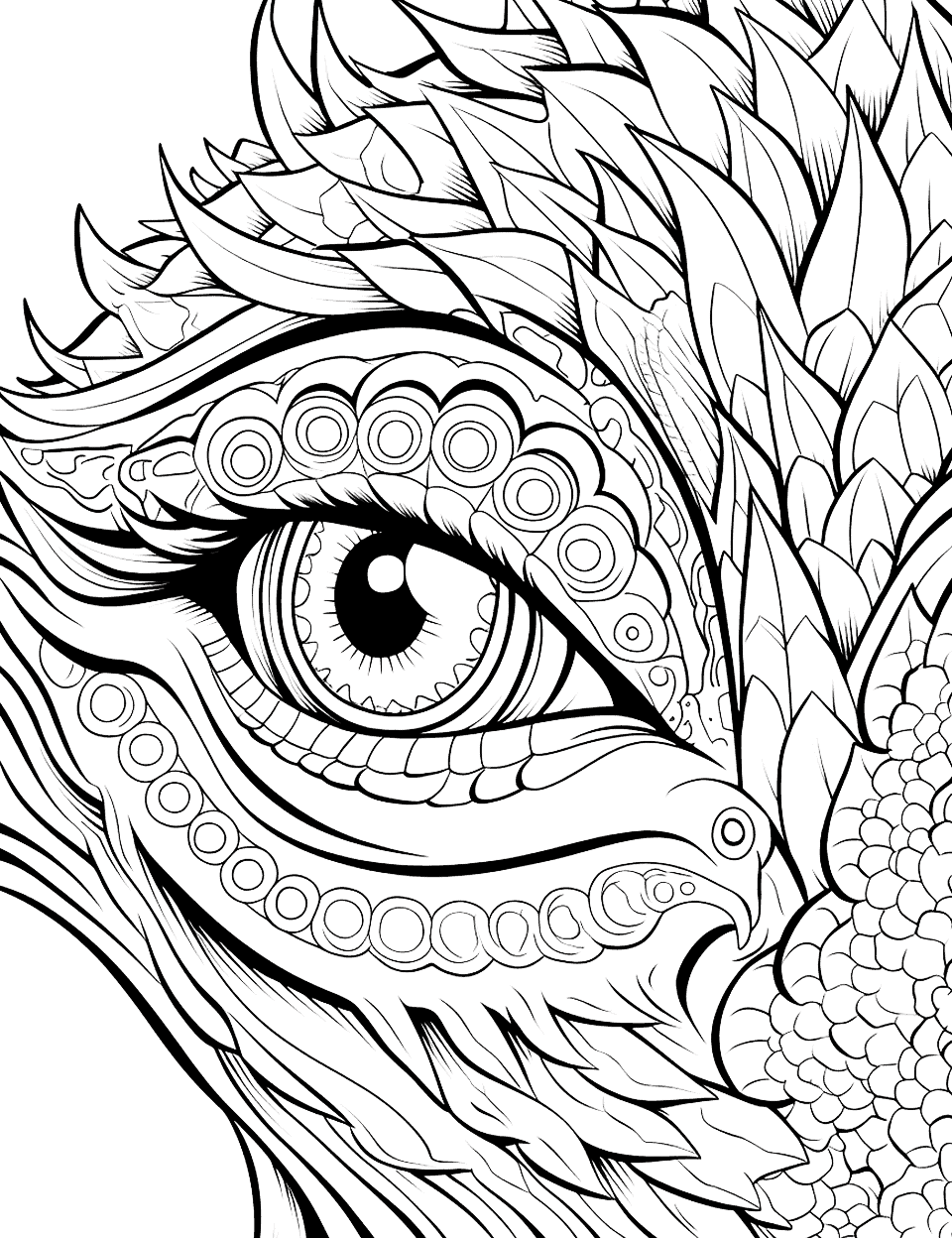 Eye of the Dragon Adult Coloring Page - A close-up reveals a mystical dragon’s eye.