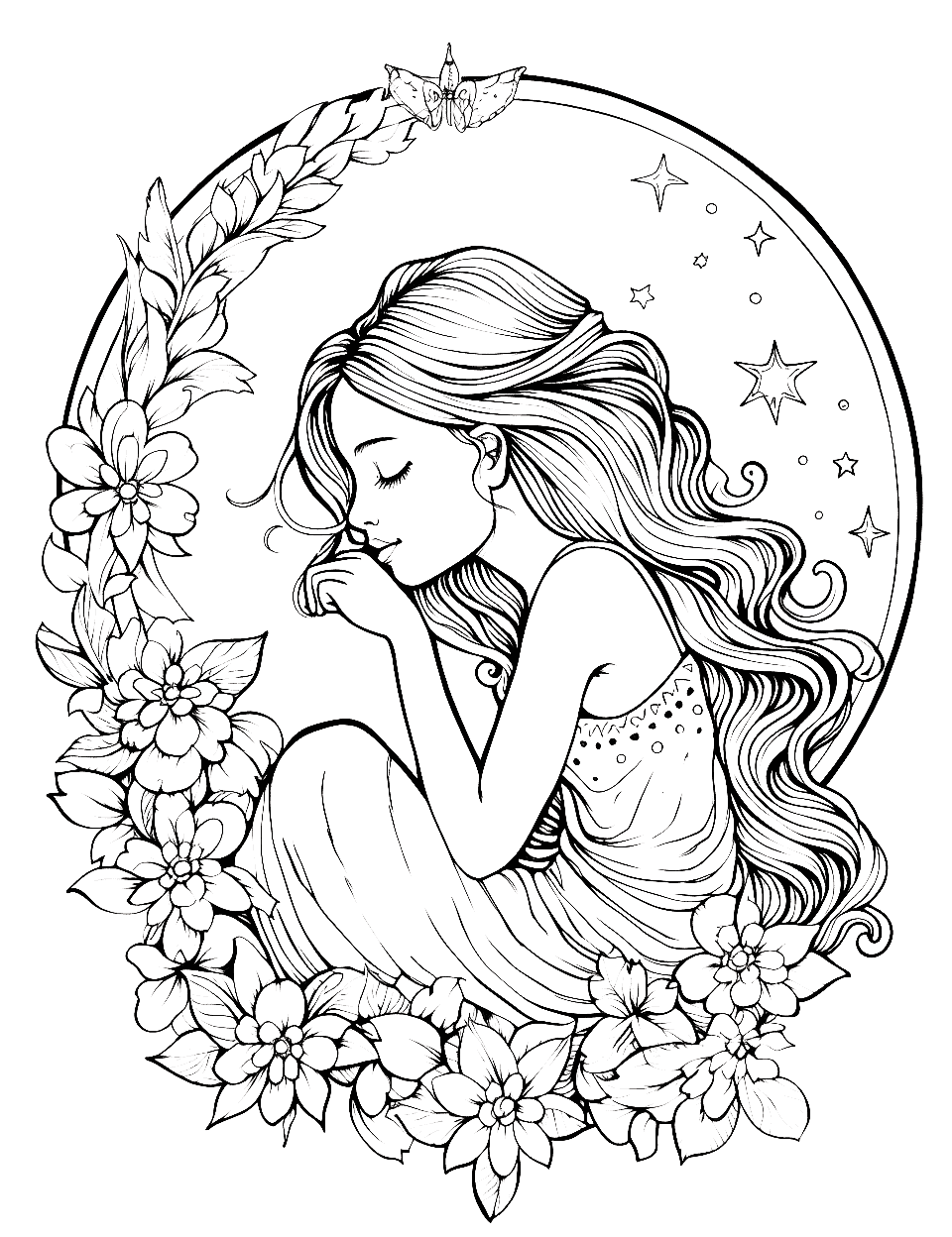 Moonlit Fairy Adult Coloring Page - A fairy sitting on a crescent moon.