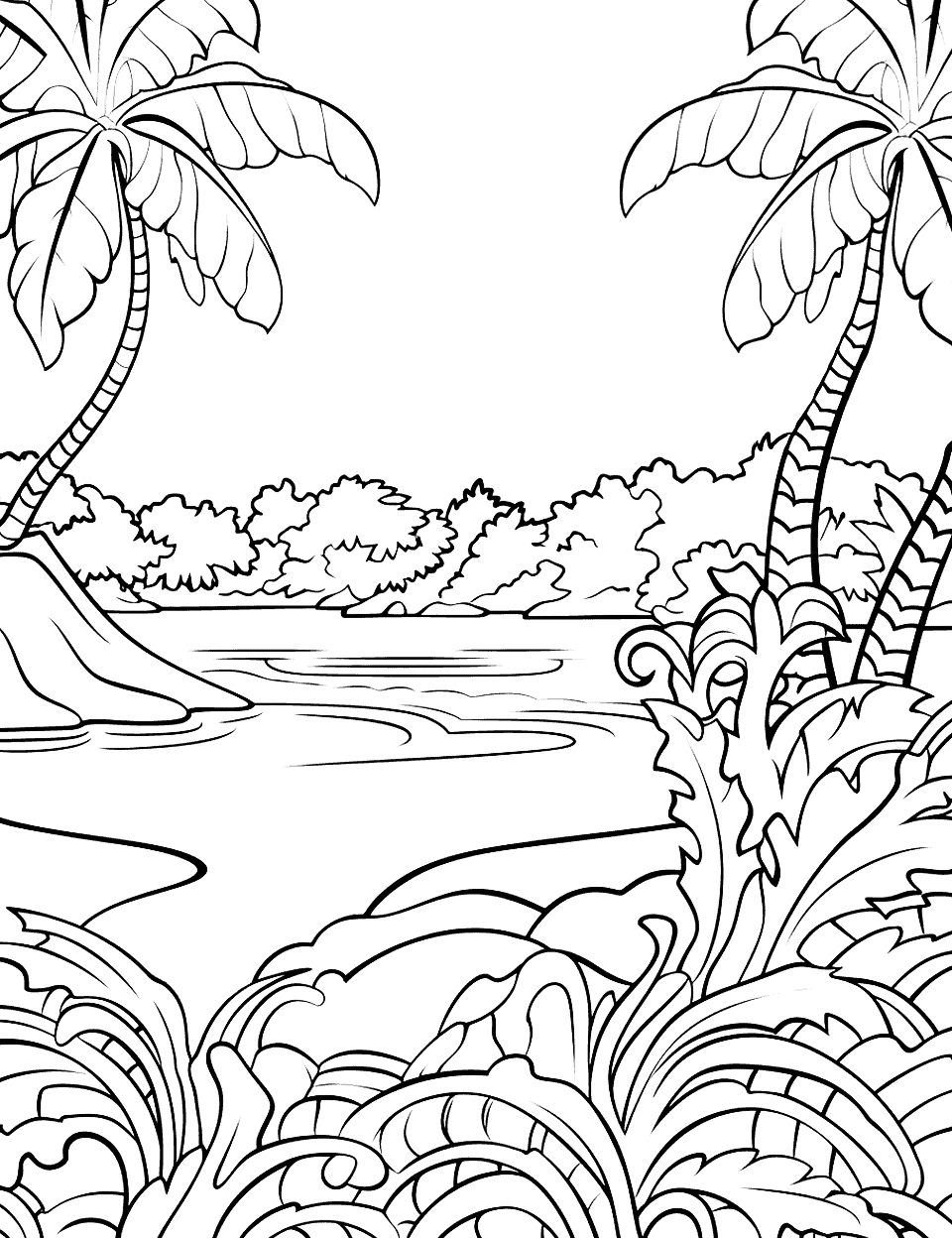 Tropical Island Adult Coloring Page - A tropical island with exotic flora and palm trees.