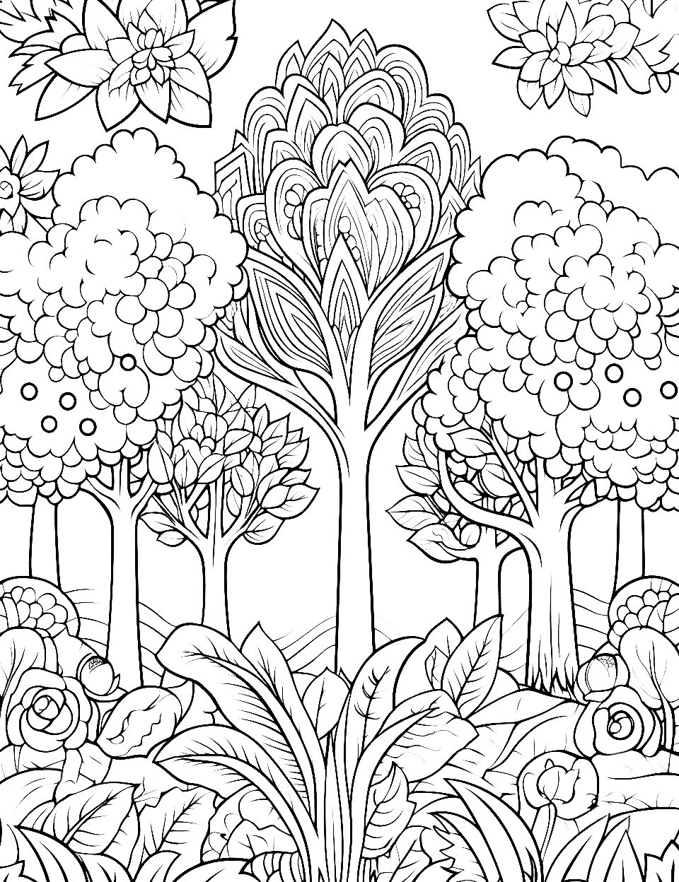 Enchanted Forest Adult Coloring Page - Elements of nature and flora surround a lush forest.