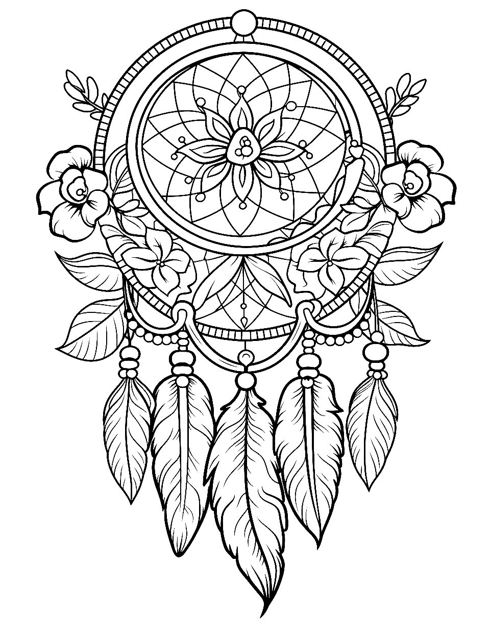 Dream Catcher in the Wild Adult Coloring Page - A detailed dream catcher for adults to color in.