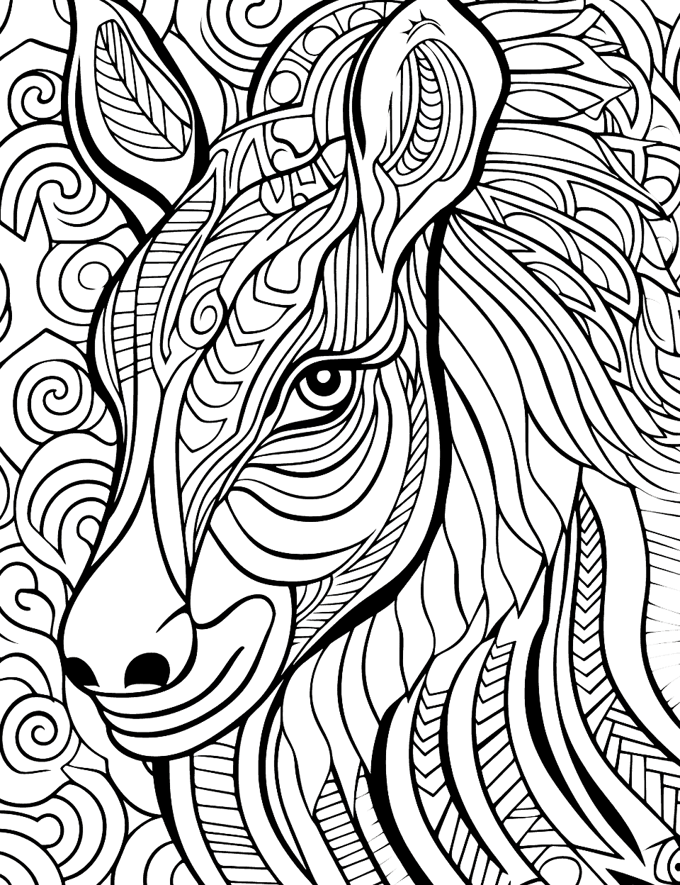 Trippy Horse Pattern Adult Coloring Page - A horse silhouette filled with intricate, trippy patterns creating an abstract and vibrant adult coloring page.