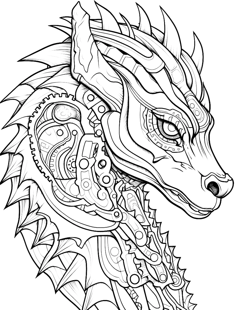 Steampunk Dragon Adult Coloring Page - A detailed steampunk dragon made of gears and mechanical parts.