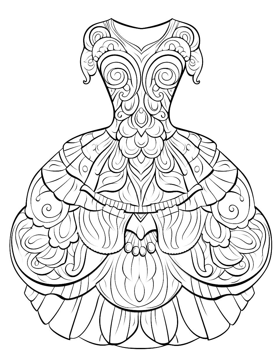 Fashion Mandala Adult Coloring Page - A difficult mandala coloring page in the shape of a beautiful dress.