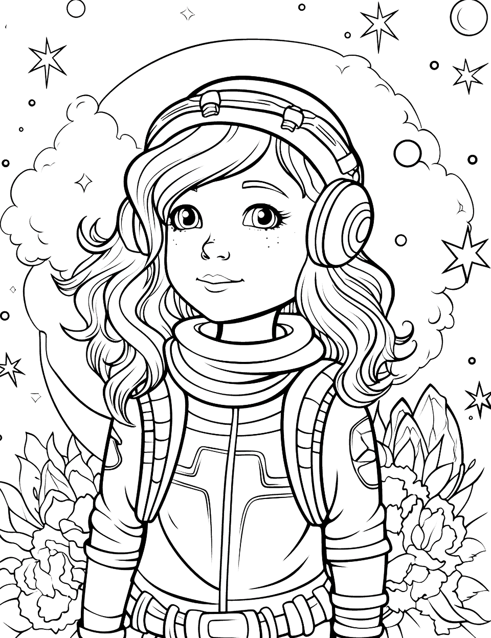 Galaxy Girl Adventure Adult Coloring Page - A girl having an adventure in space.
