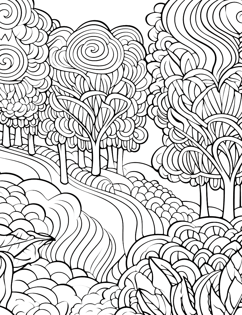 Trippy Forest Journey Adult Coloring Page - A psychedelic journey through a forest filled with abstract trees and plants.