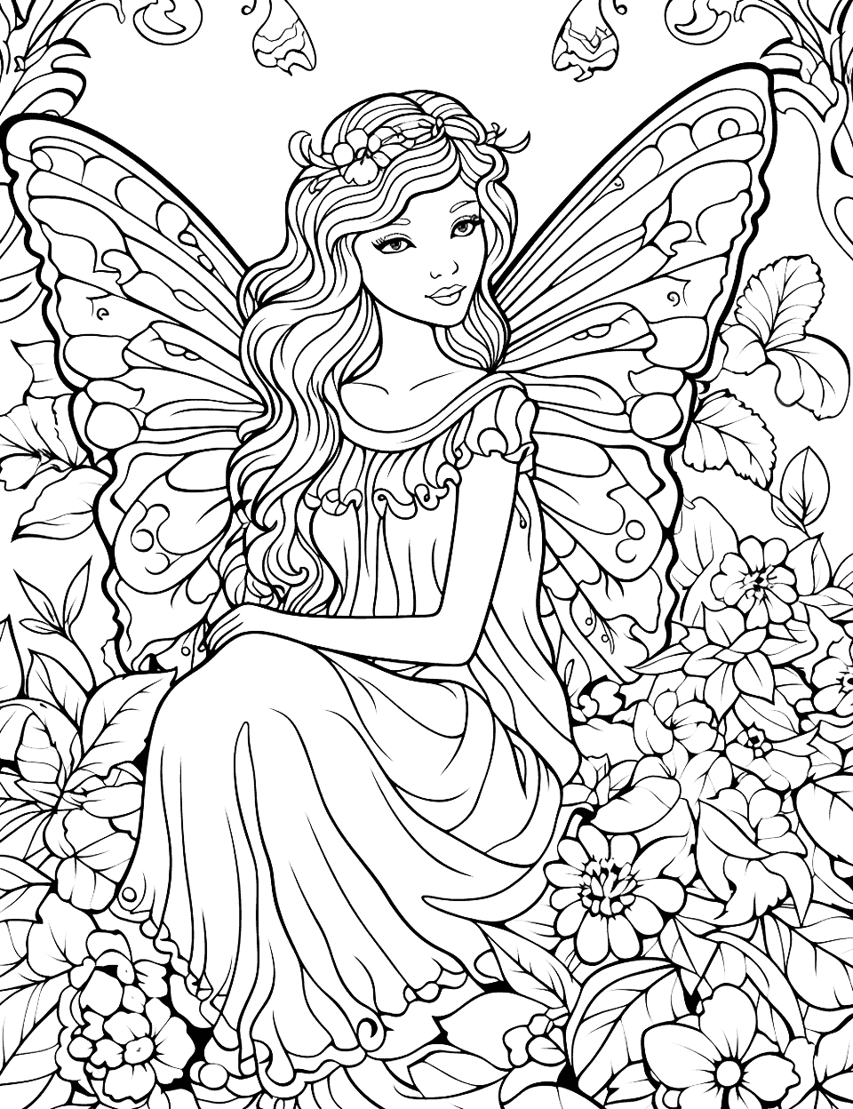 Garden Fairy Adult Coloring Page - A detailed fairy sitting in a lush garden, surrounded by blooming flowers.