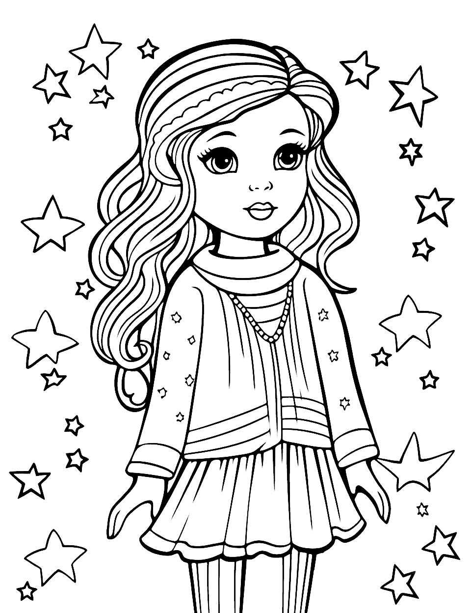 Galaxy Fashion Star Adult Coloring Page - A girl in a trendy outfit inspired by galaxies and stars.