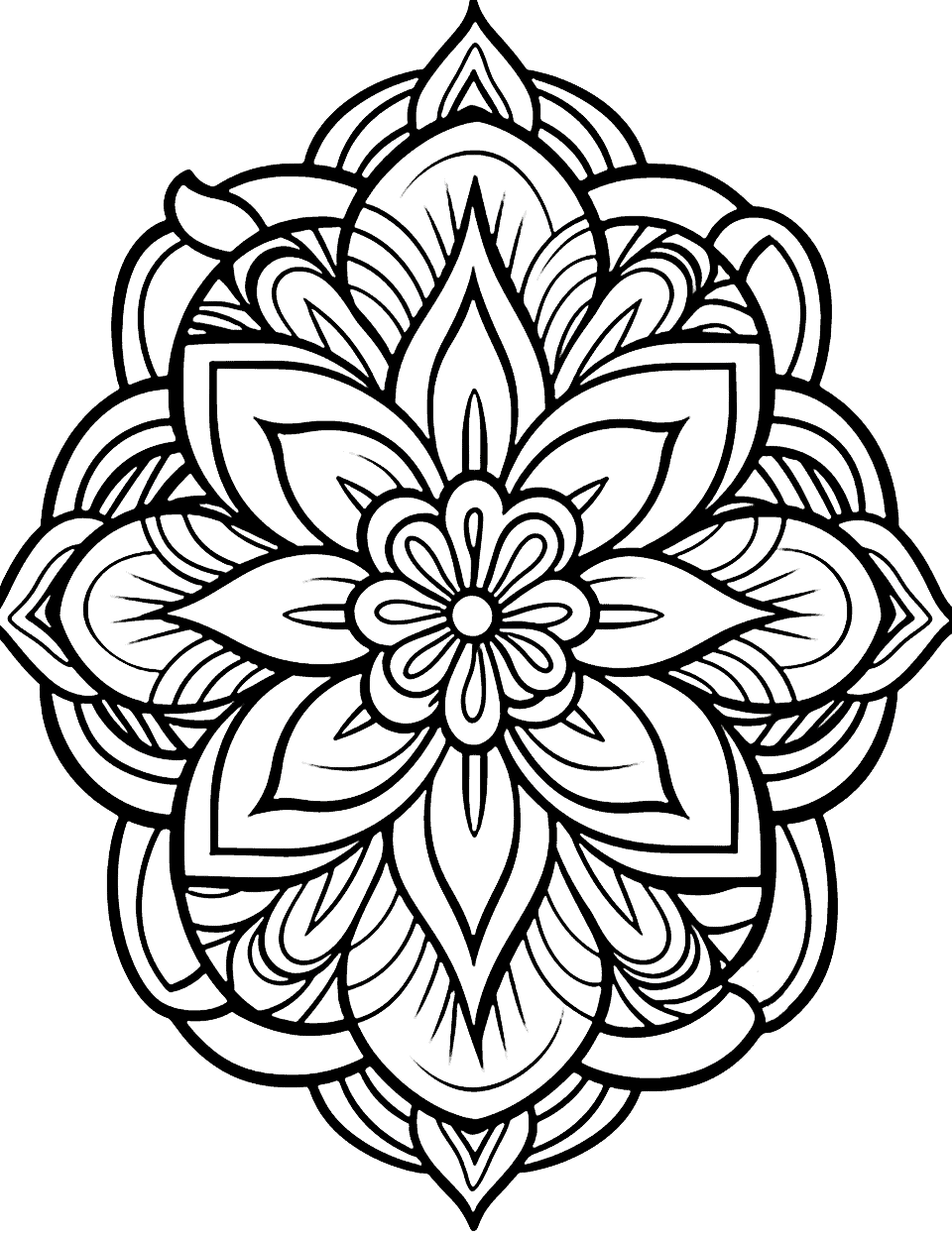 Flower Mandala Adult Coloring Page - A detailed mandala featuring geometric shapes, flowers, and leaves.