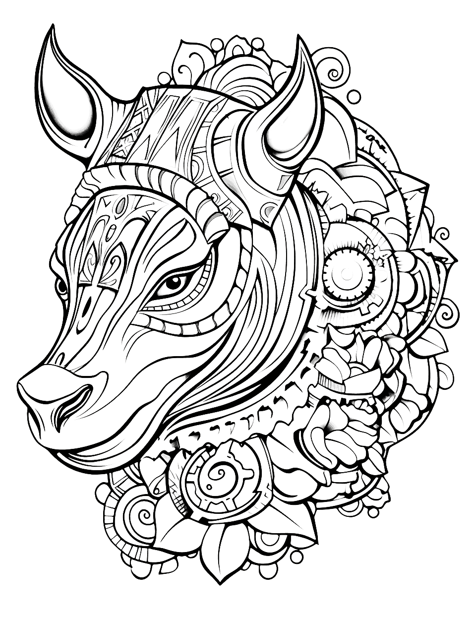 Steampunk Animal Adult Coloring Page - A steampunk-style depiction of an animal made out of mechanical parts and gears.