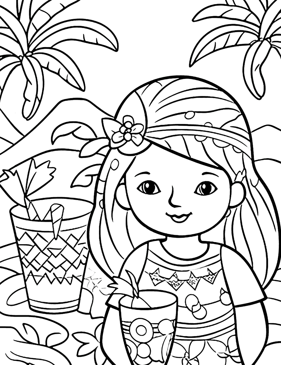 Kawaii Tropical Vacation Adult Coloring Page - Cute, kawaii-style characters on a tropical vacation, complete with palm trees and fruity drinks.