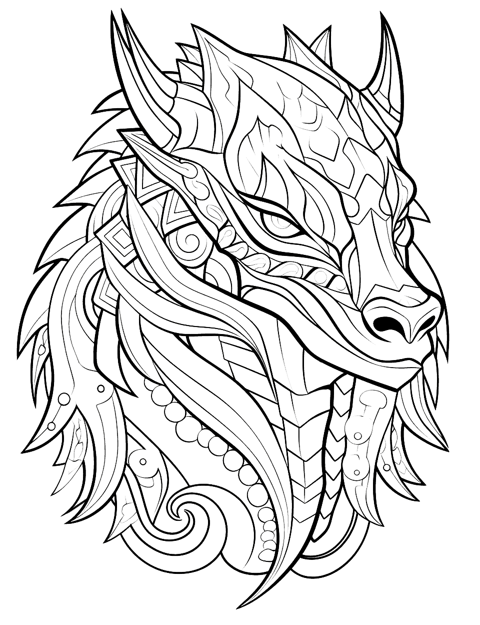 Abstract Dragon Art Adult Coloring Page - An abstract interpretation of a dragon created with geometric shapes and intricate patterns.