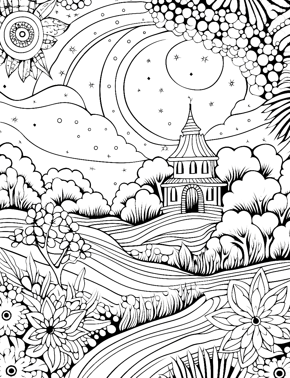 Mystical Garden Under the Moonlight Adult Coloring Page - A picturesque garden illuminated by a full moon.