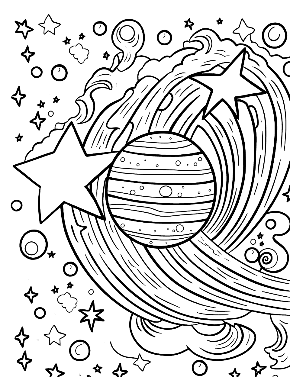 Trippy Space Journey Adult Coloring Page - A psychedelic journey through space with abstract planets, stars, and galaxies.