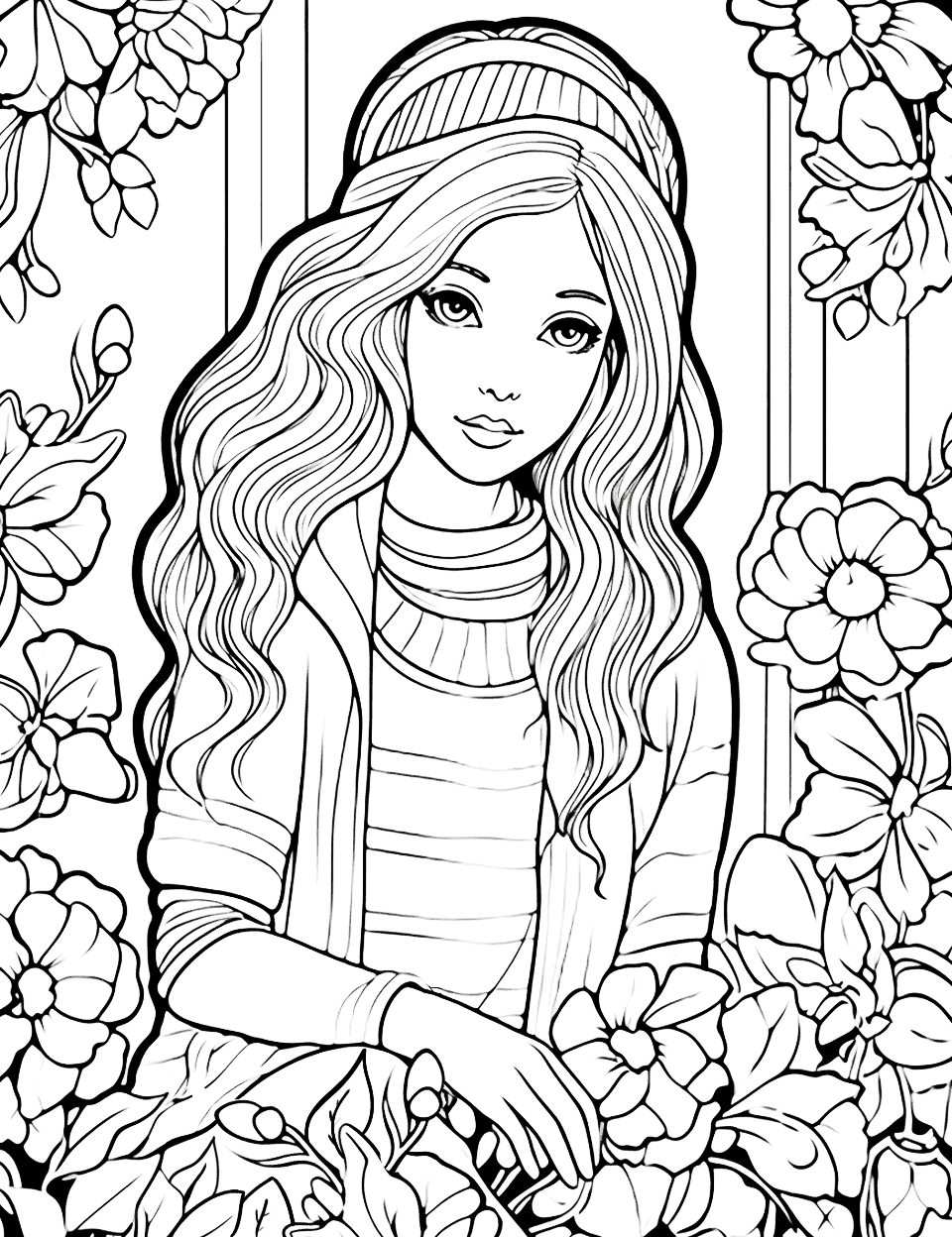 Fashion Girl in the Garden Adult Coloring Page - A stylish girl in a trendy outfit sitting in a beautiful garden filled with flowers and plants.