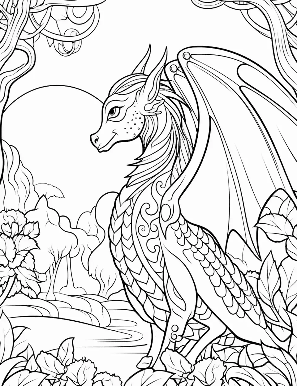 Dragon's Mystical Forest Adult Coloring Page - A detailed scene of a dragon exploring a mystical forest.