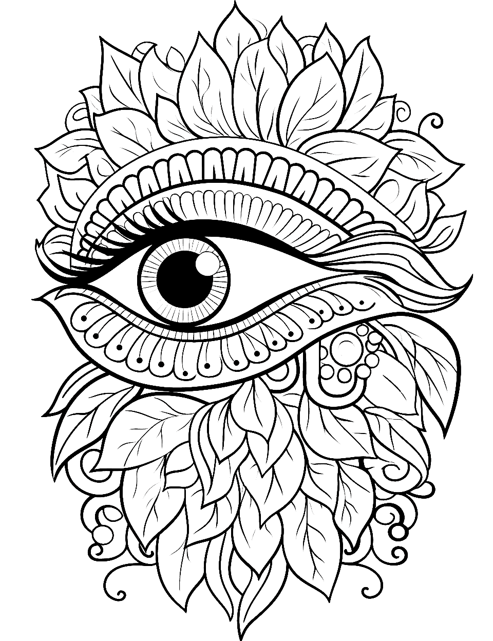 Eye Design Adult Coloring Page - An intricate eye design inspired by trending Pinterest patterns, filled with detailed elements and patterns.