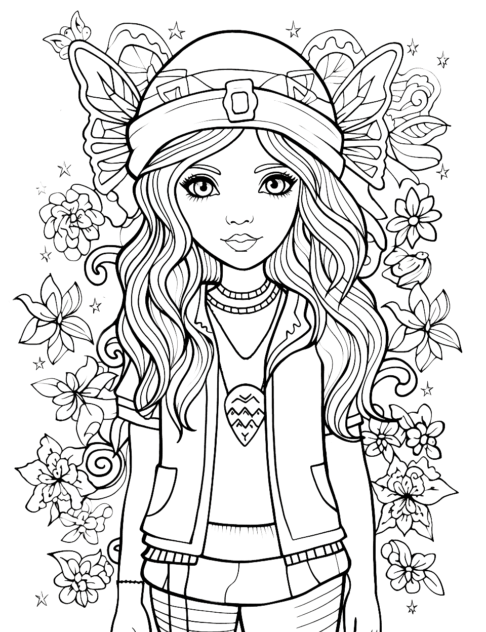 Mystical Fashion Diva Adult Coloring Page - A fashionable girl dressed in mystical-themed outfits.