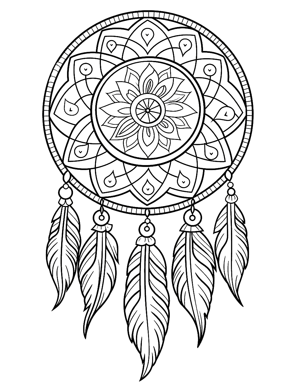 Abstract Dream Catcher Adult Coloring Page - Geometric shapes and intricate patterns form an abstract dream catcher.