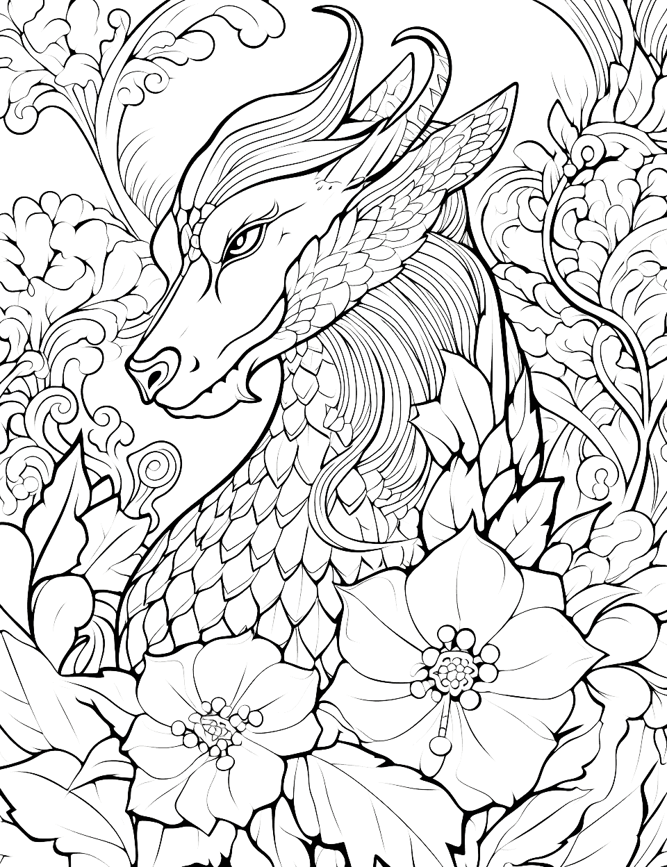 Dragon in a Floral Garden Adult Coloring Page - A dragon perched in a beautiful floral garden.
