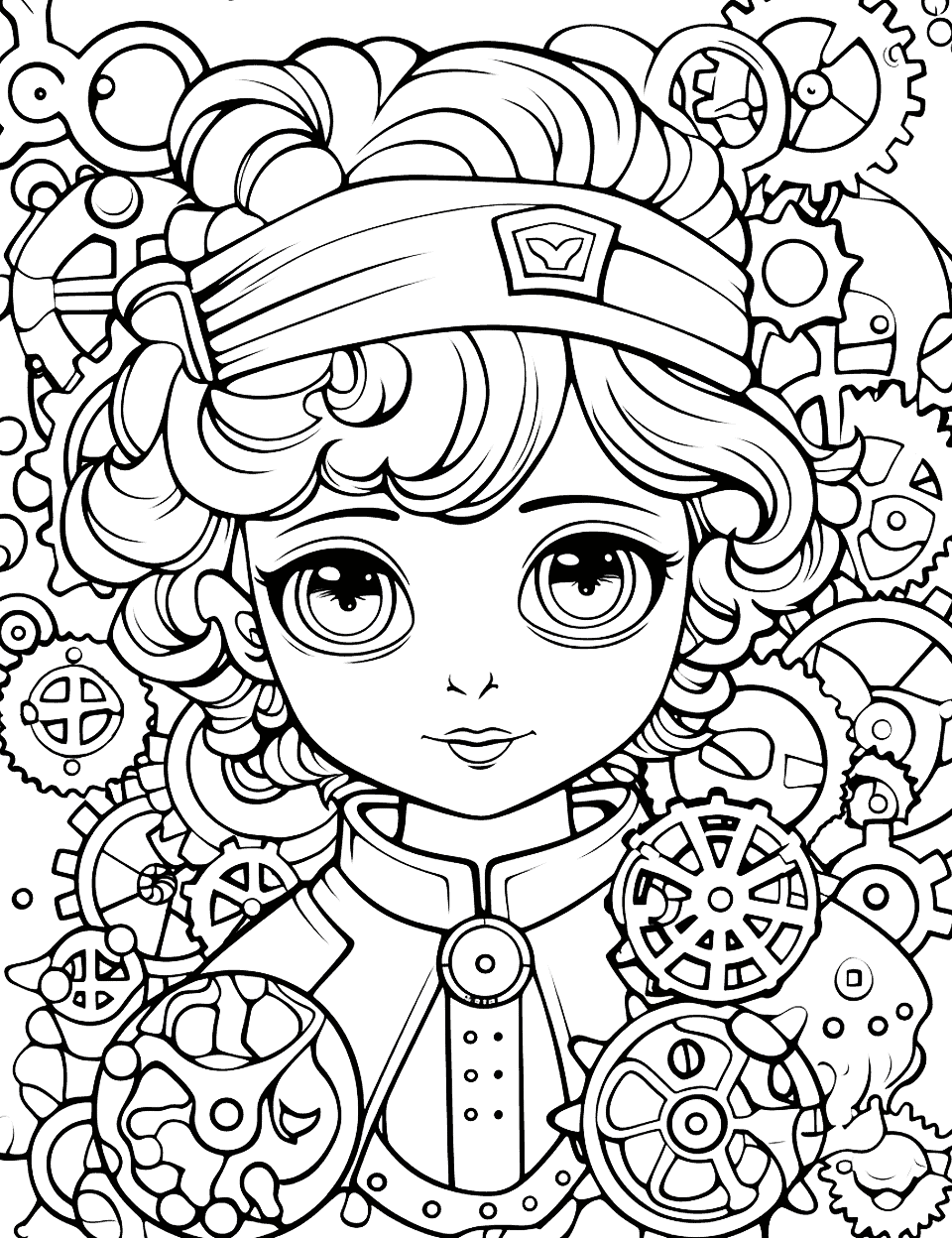 Kawaii Steampunk Adventure Adult Coloring Page - A kawaii-style cute character having an adventure in a steampunk city, surrounded by gears, springs, and machinery.