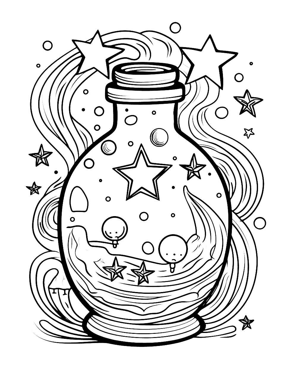 Galaxy in a Bottle Adult Coloring Page - An intricate bottle containing a swirling galaxy surrounded by stars, planets, and comets.