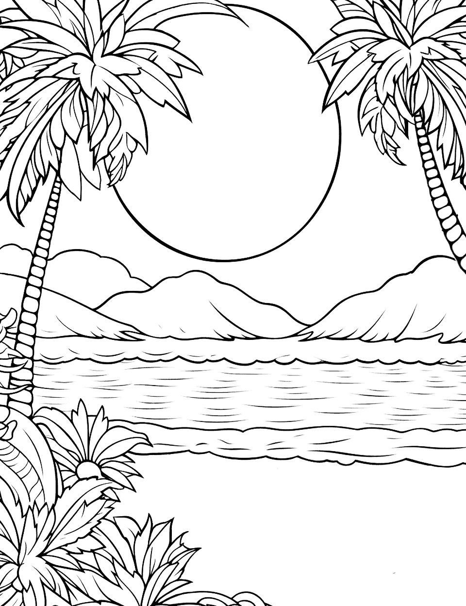 Moonlit Tropical Paradise Adult Coloring Page - A detailed tropical beach scene under a moonlit sky, complete with palm trees.