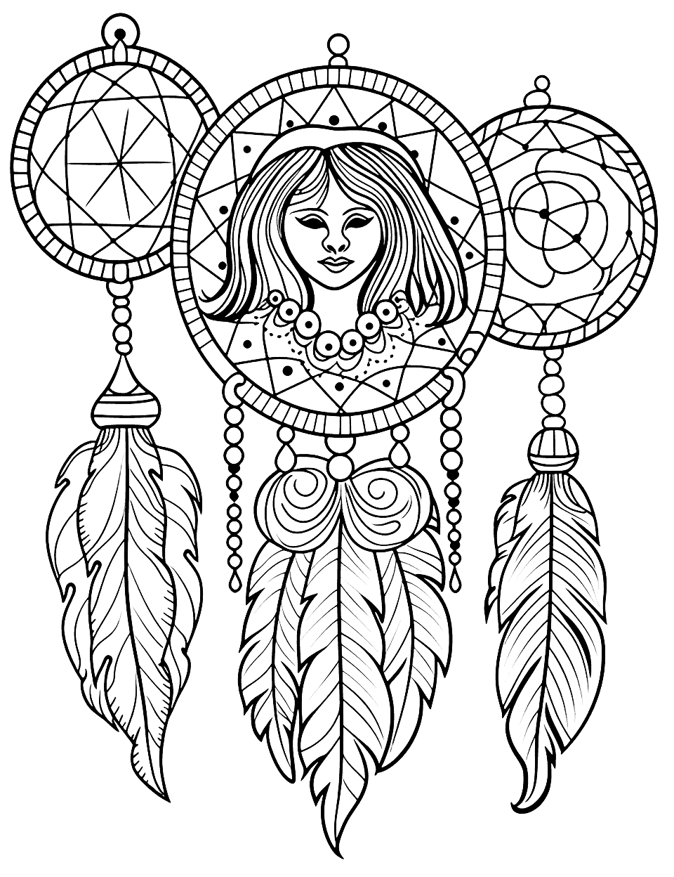 Dream Catcher Doodles Adult Coloring Page - Doodle-style dream catchers with intricate details.