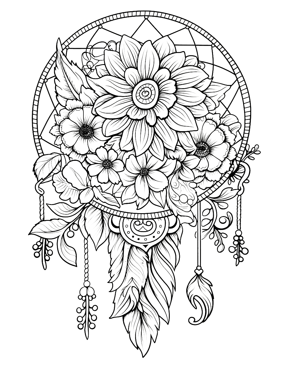 Dream Catcher's Garden Adult Coloring Page - A dream catcher with intricate details.