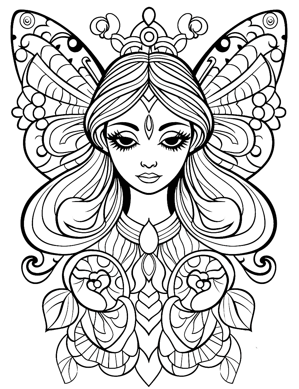 Abstract Fairy Design Adult Coloring Page - An abstract interpretation of a fairy, created with geometric shapes, patterns, and intricate details.