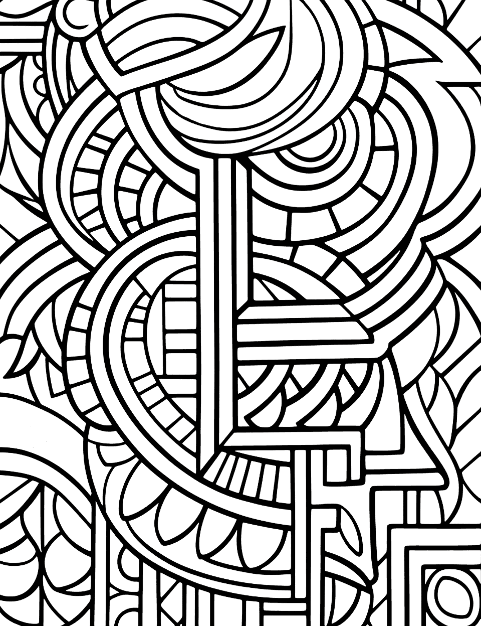 Abstract Geomtetric Design Adult Coloring Page - An adult coloring page filled with abstract patterns featuring geometric shapes and intricate details.
