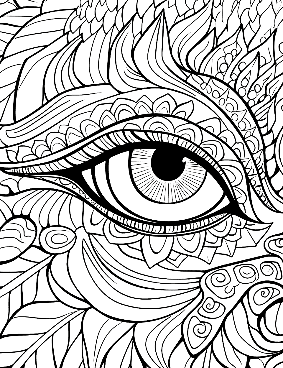 Abstract Dragon's Eye Adult Coloring Page - Geometric shapes surround a dragon’s eye.