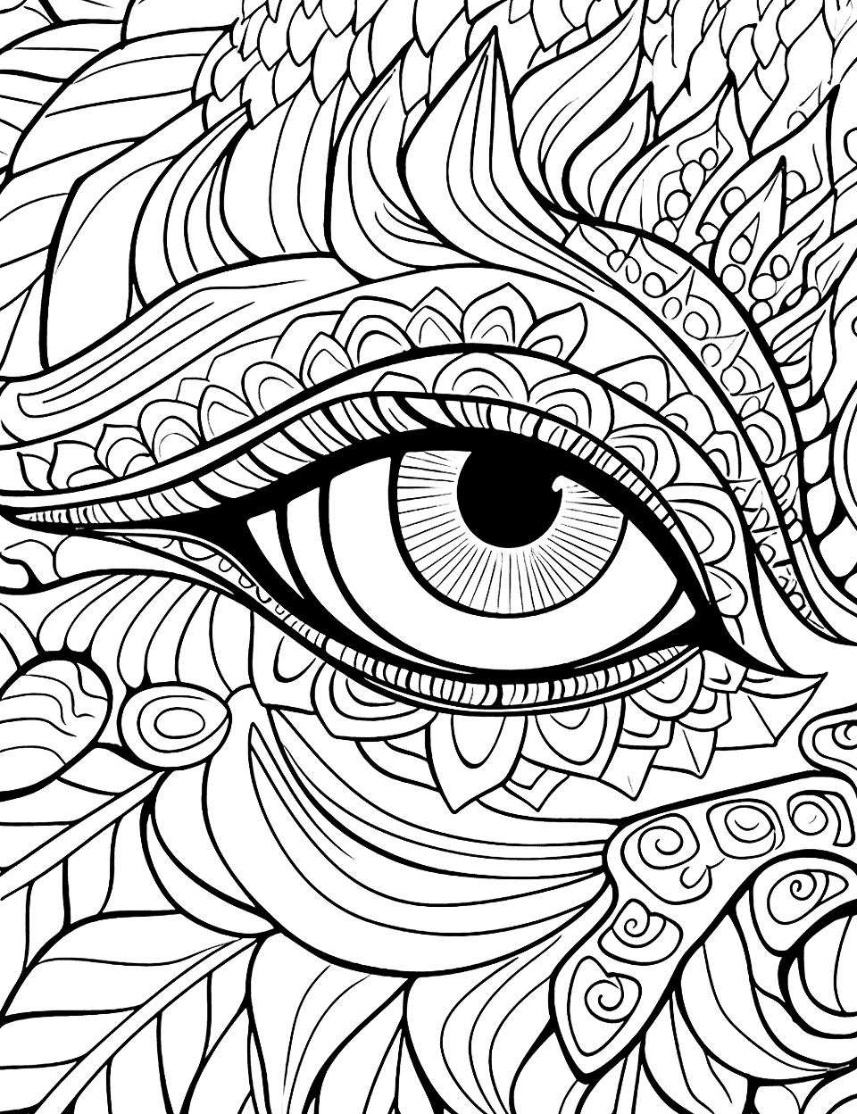 Abstract Dragon's Eye Adult Coloring Page - An abstract design centered around a dragon’s eye, filled with geometric shapes and intricate patterns.