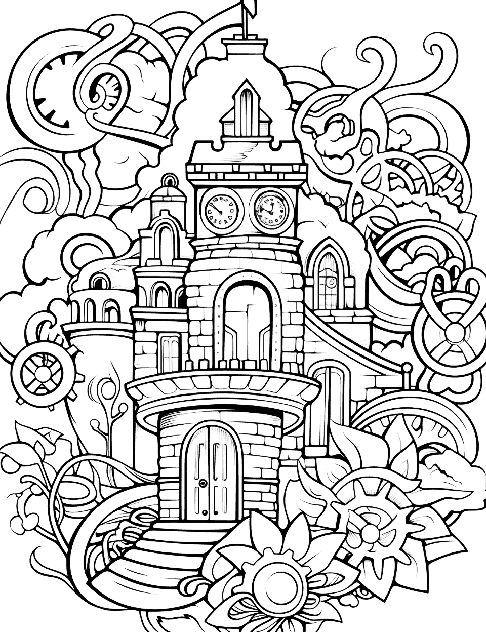 Steampunk Fairy Tale Adult Coloring Page - A fairy tale scene with a steampunk twist featuring mechanical creatures, gears, and cog-filled landscapes.