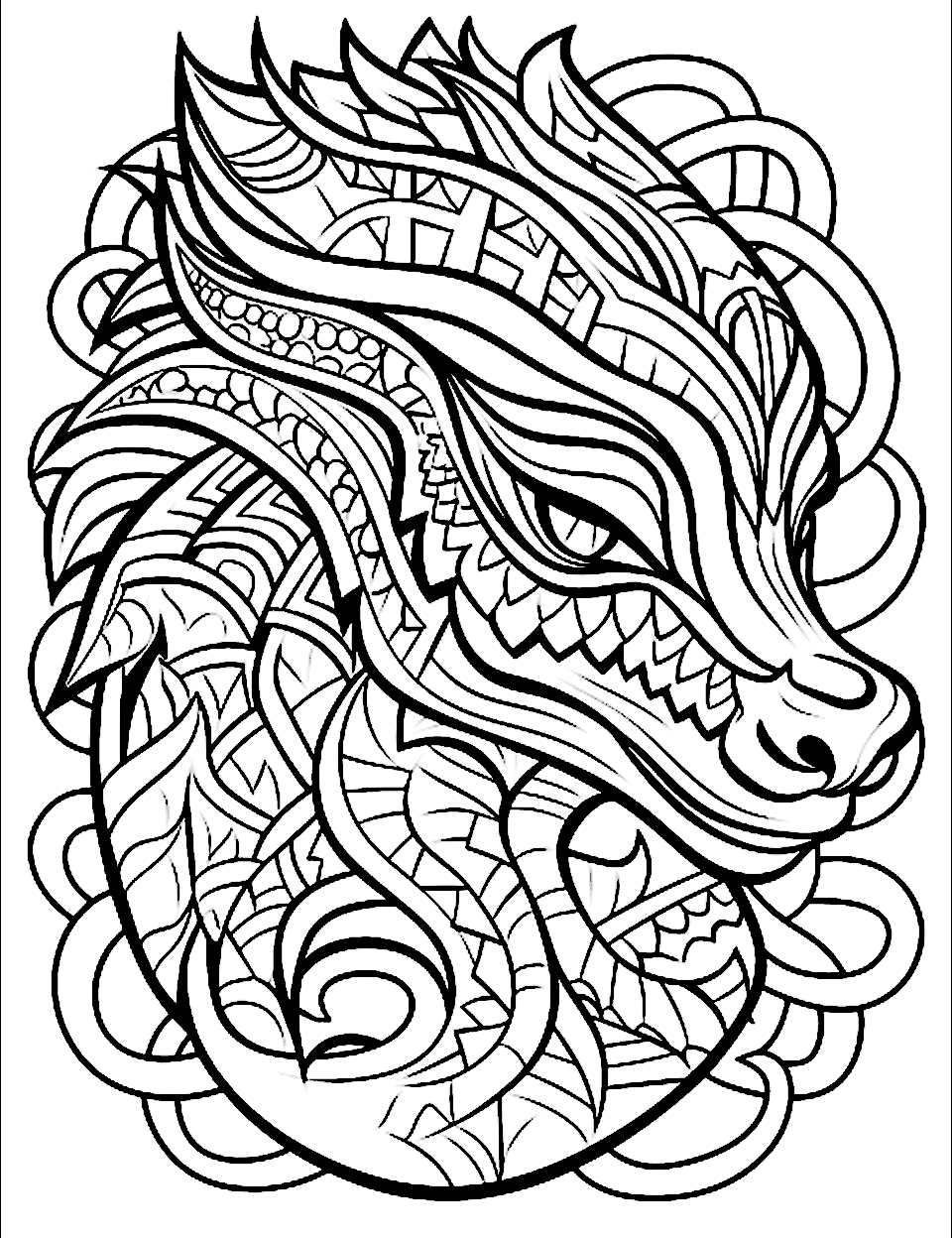 Dragon's Abstract Art Adult Coloring Page - An abstract interpretation of a dragon created with a variety of shapes, lines, and patterns.
